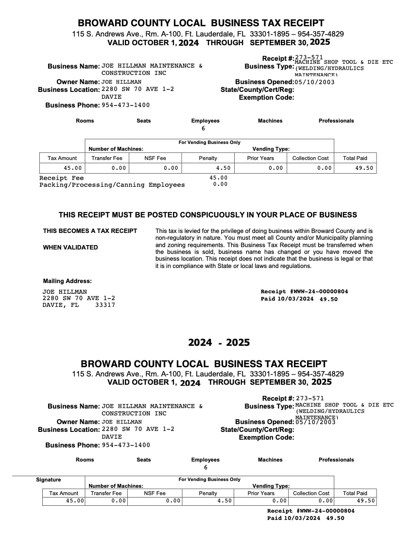 Joe Hillman Maintenance & Construction: Broward County Local Business Tax Receipt 2024-2025